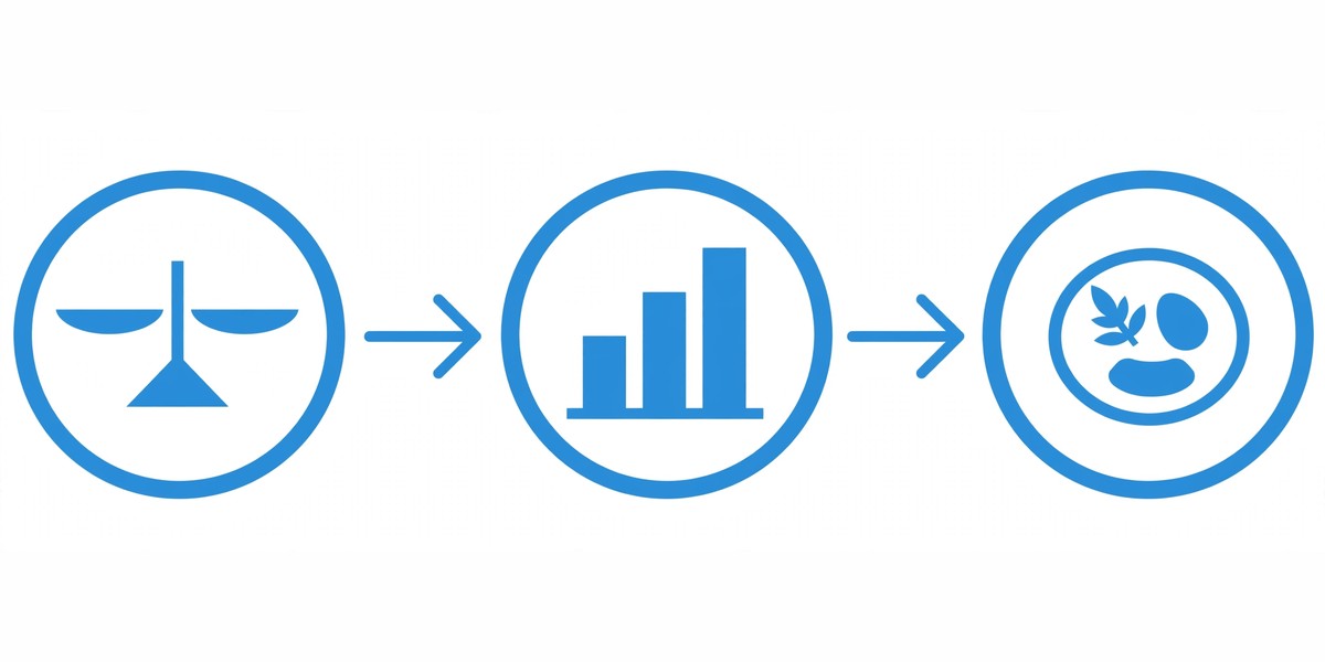 Illustration of a macro calculation workflow with scale, chart, and food plate icons