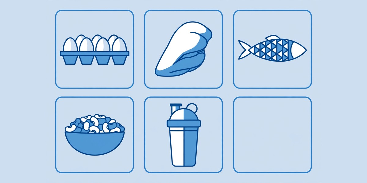 High-protein foods including eggs, chicken, fish, beans, and protein shaker