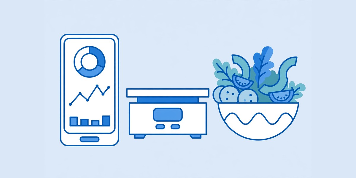 Smartphone with a food tracking app beside a food scale and salad bowl