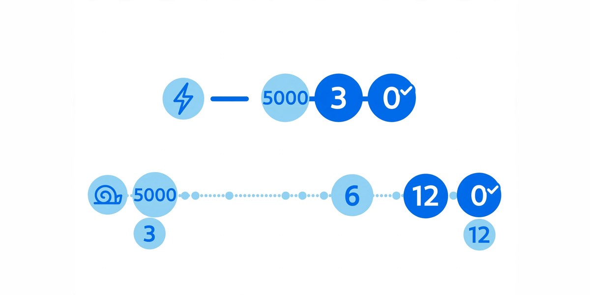 Credit card debt payoff timeline showing fast versus minimum payment progress