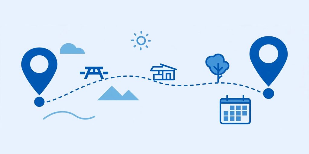 Illustration of a road trip route map with rest stops