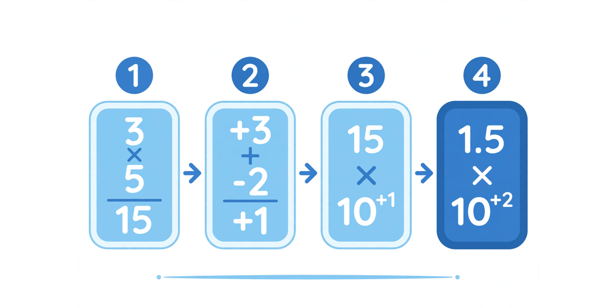 Visual formula (a x 10^m) times (b x 10^n) = (a times b) x 10^(m+n) with arrows