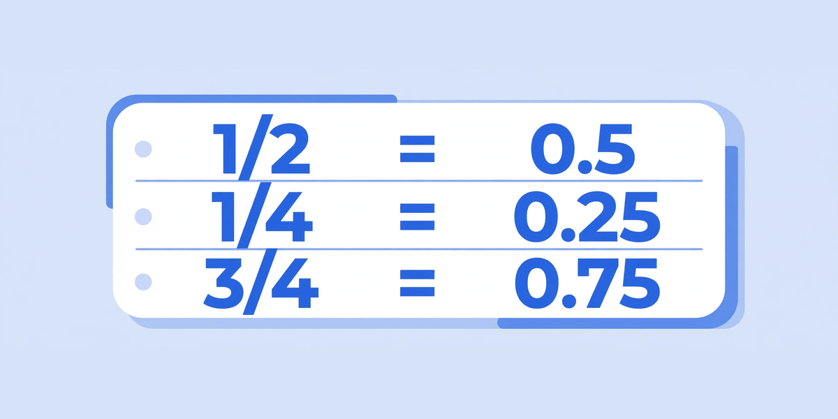 A clean printed reference chart on a desk showing common fractions in one column and their decimal equivalents in another column