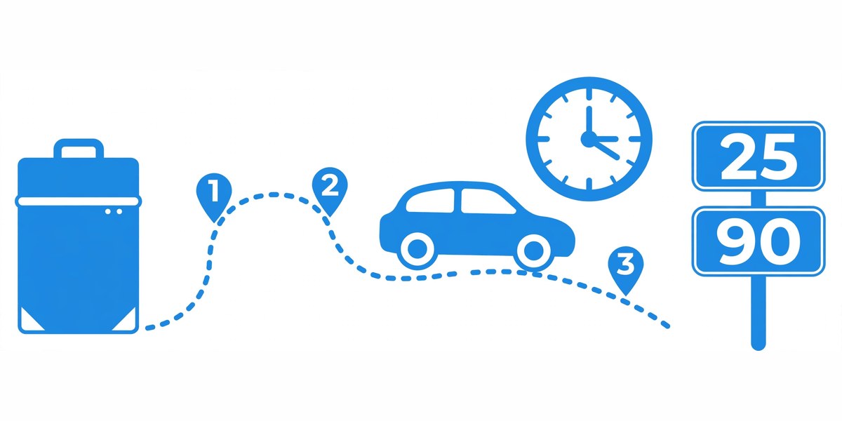 Road trip planning illustration with route and travel time clock
