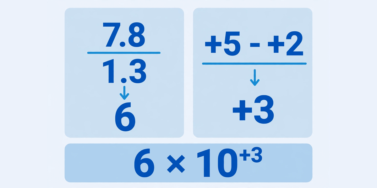Visual formula (a x 10^m) divided by (b x 10^n) = (a divided by b) x 10^(m-n) with arrows
