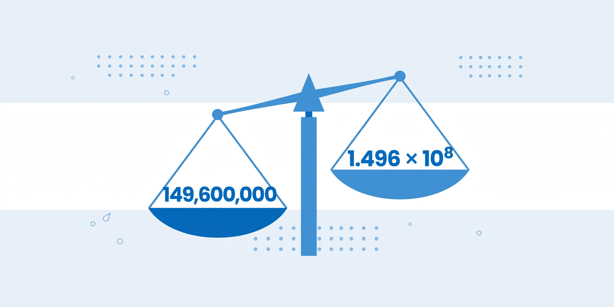 Side-by-side comparison of scientific notation and standard form of a large number