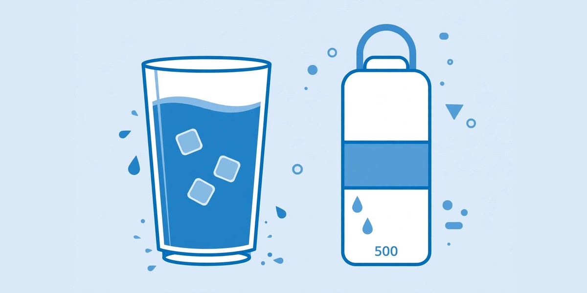 Glass of water with water drops and a refillable water bottle