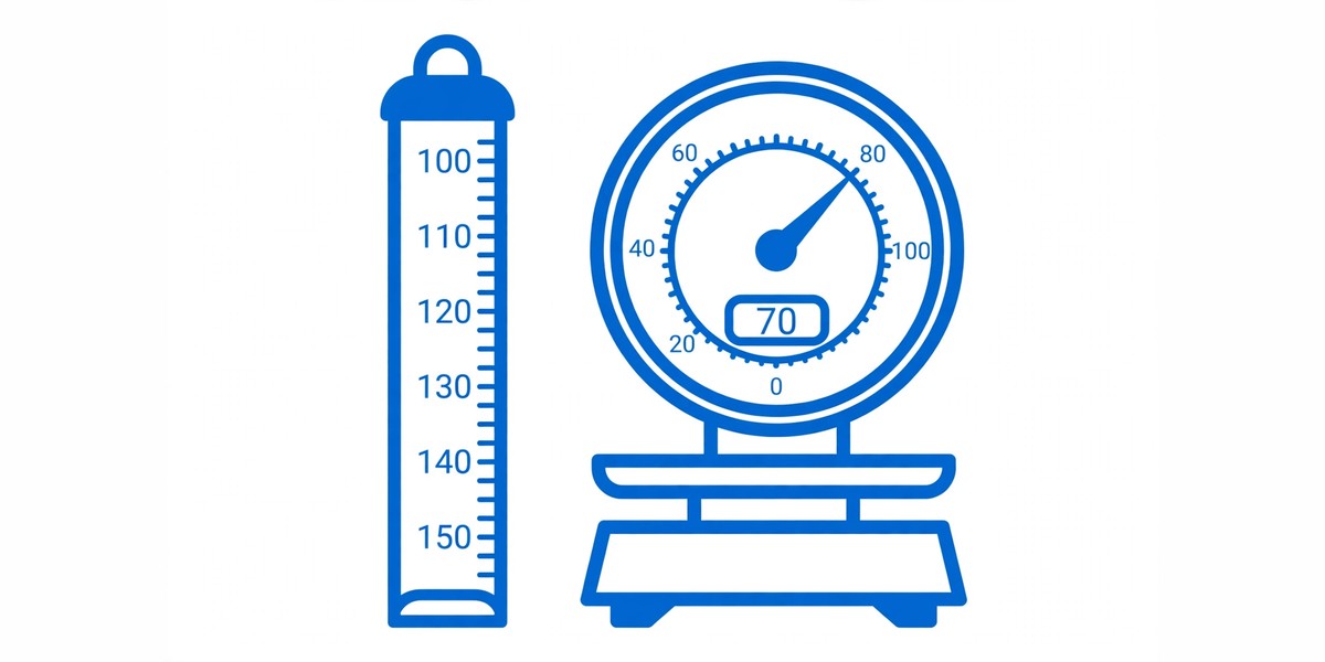 Height measuring tape next to a weighing scale