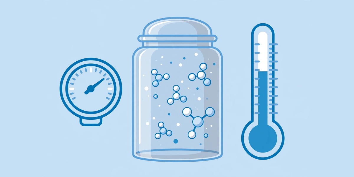Ideal gas law calculator with gas container, pressure gauge, and thermometer