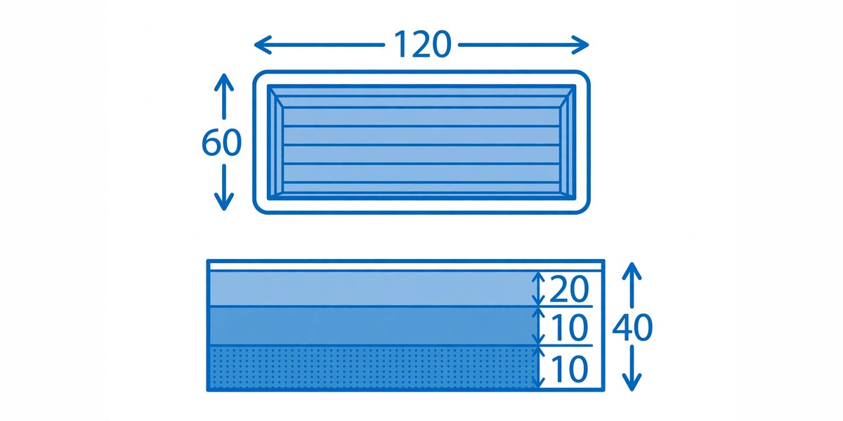 Raised bed diagram showing length, width and soil depth